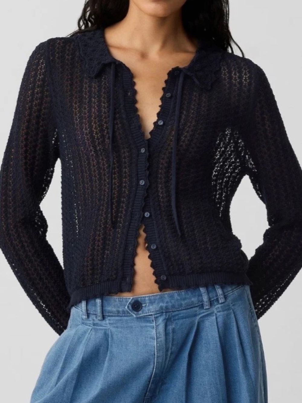 Navy Crochet Button-Front Sweater Cardigan with Tie Collar - Picture 1 of 4